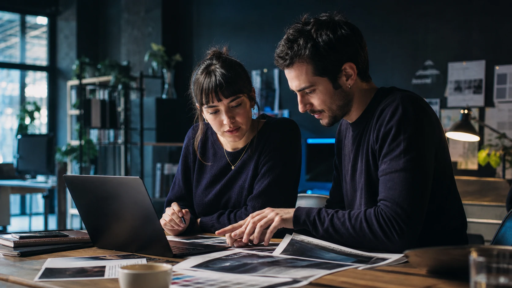 Dos profesionales colaborando en un estudio creativo